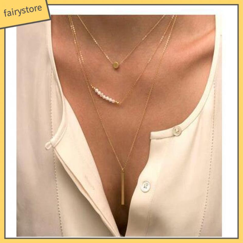 [FTO] Vòng Cổ Ba Lớp Ngọc Trai Với Chuỗi Xương Ngắn Đính Kim Sa