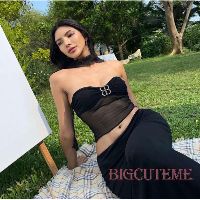 [] - Áo Crop Top Không Tay Có Khóa Kim Loại Trang Trí Xuyên Thấu Mùa Hè Cho Nữ