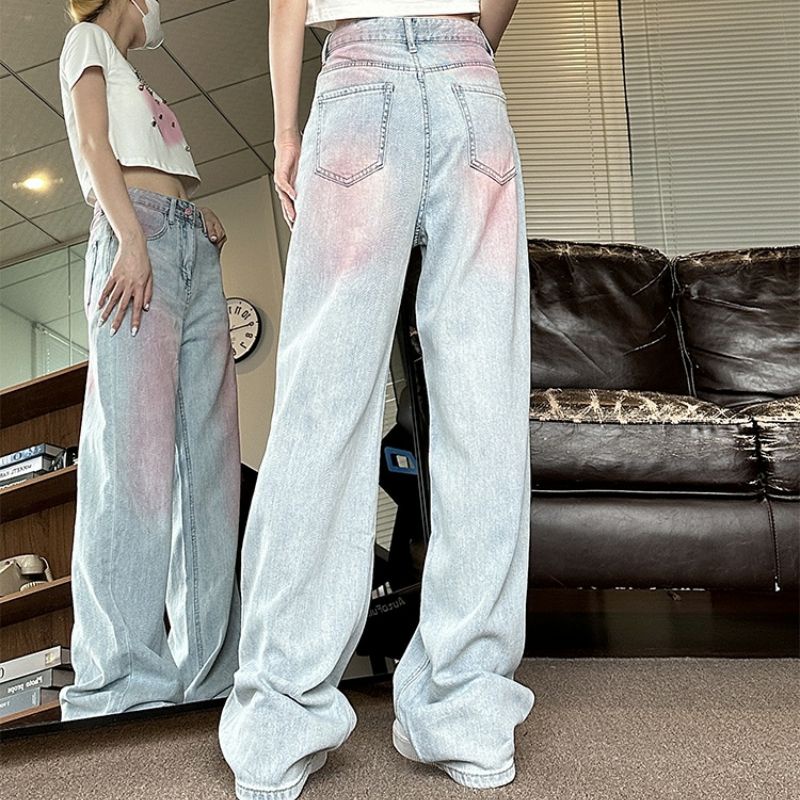 Quần Jean Dài Ống Rộng Màu Sắc Tương Phản Graffiti Mỹ Thời Trang Mùa Hè Cho Nữ