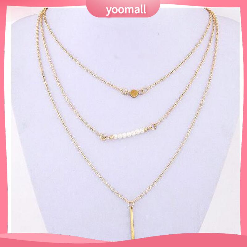 [YM] Vòng cổ Ba Lớp Ngọc Trai Với Xương Ngắn Đính Kim Sa