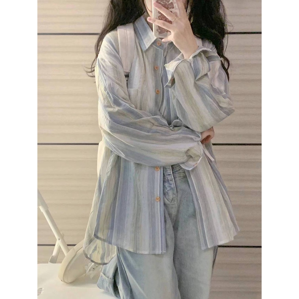 Áo Sơ Mi Mỏng Chống Nắng Họa Tiết Kẻ Sọc Thời Trang Mùa Hè 2023 Mới Cho Nữ