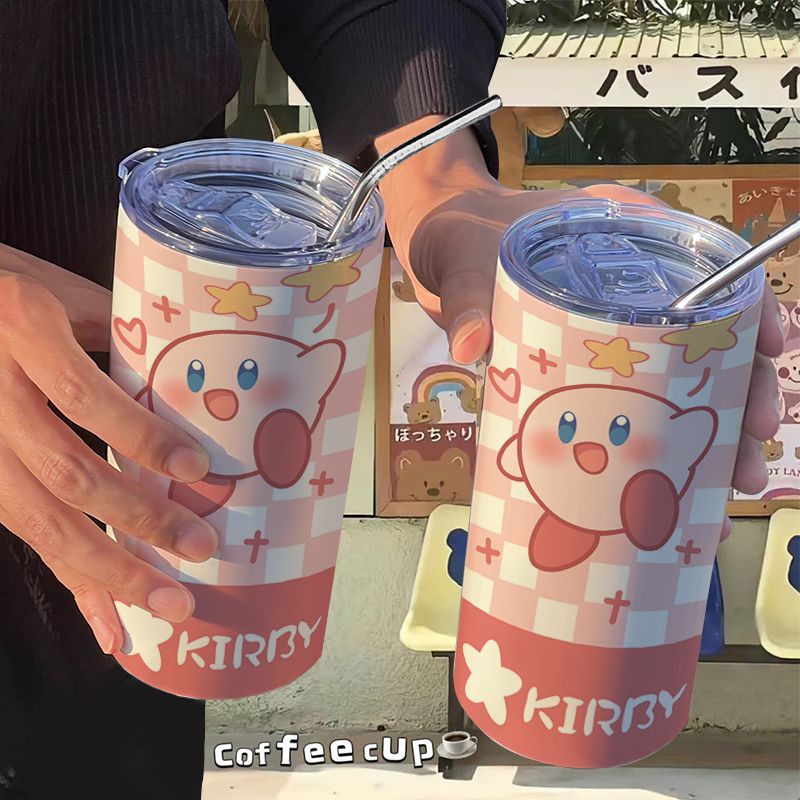 Bình Nước Giữ Nhiệt Bằng Thép Không Gỉ Họa Tiết Ngôi Sao Kirby Dễ Thương Kèm Ống Hút Tiện