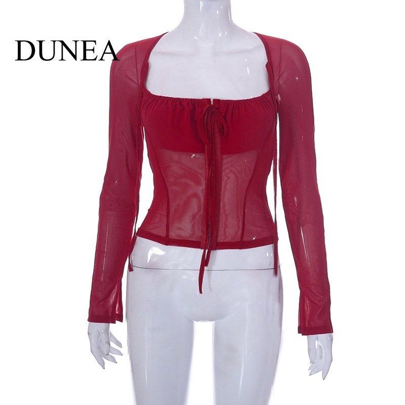 DUNEA Áo Kiểu Tay Dài Phối Lưới Thiết Kế Mới Cho Phái Nữ