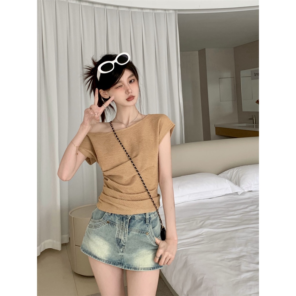 Áo Thun Tay Ngắn Lệch Vai Dáng Ôm Thời Trang Mùa Hè Dành Cho Nữ
