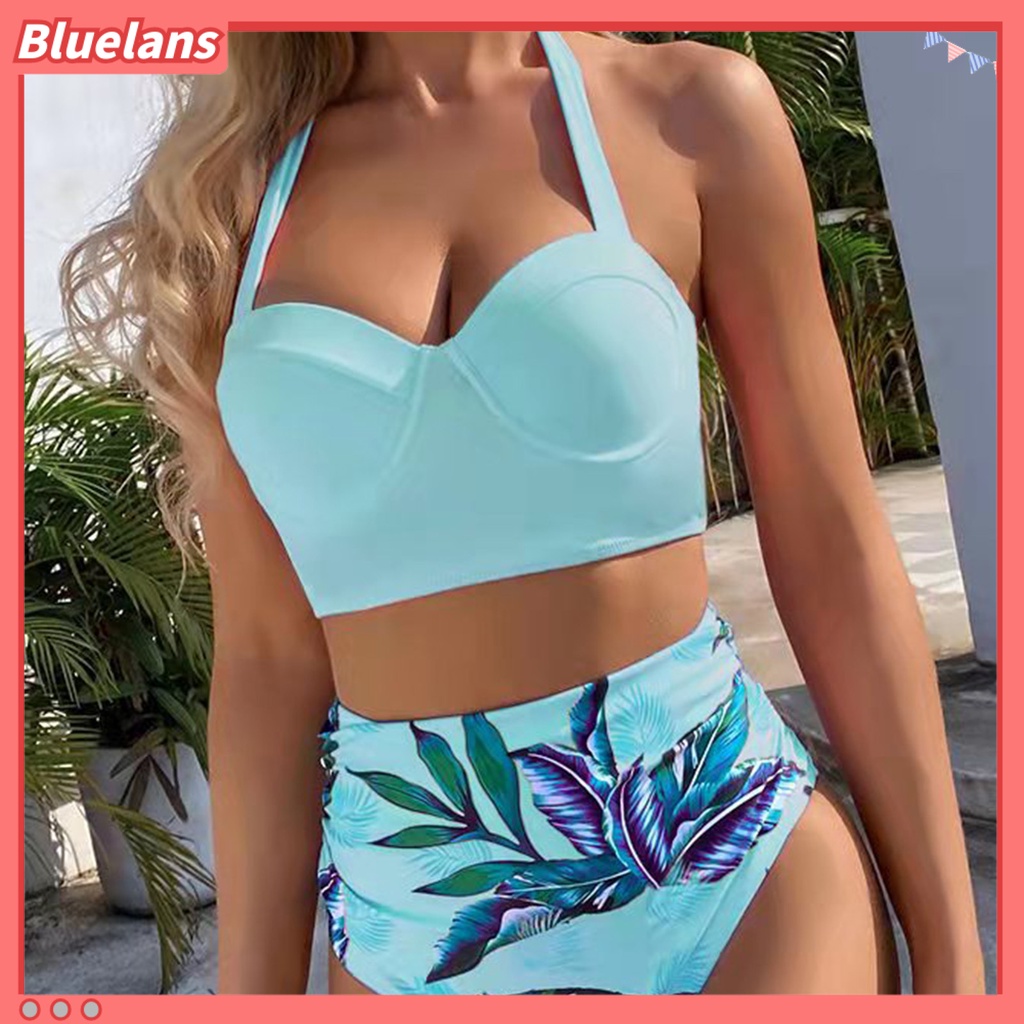 [BLS] Bộ Đồ Bơi Bikini Hai Mảnh Có Đệm Ngực Lưng Cao In Họa Tiết Lá Cây Dành Cho Nữ Hoạt Động Dưới Nước