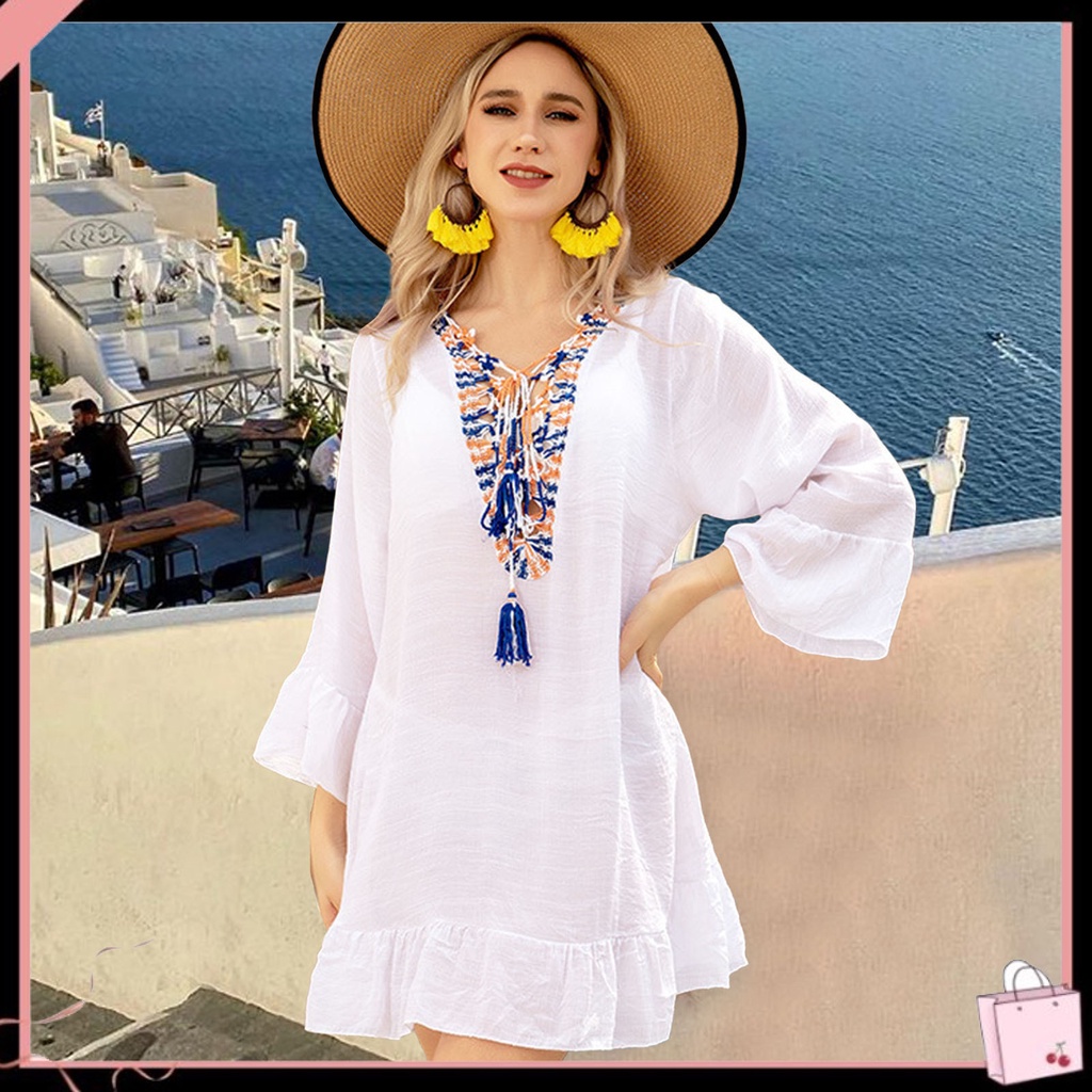 {Soltweter} Đầm Đi Biển Tay Dài Dáng Rộng Cổ Chữ V Phối Tua Rua Phong Cách Bohemia Dành Cho Nữ