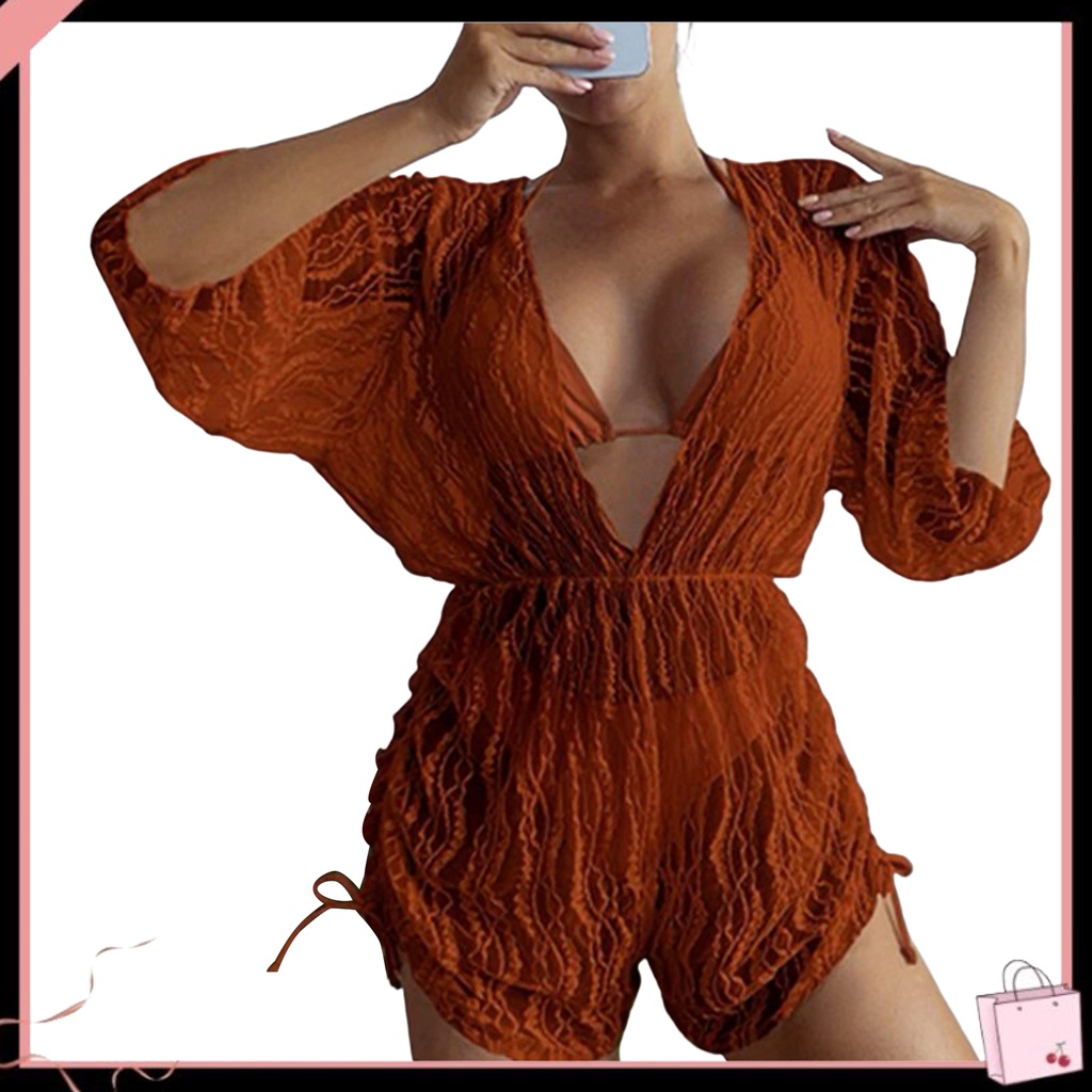 Bộ Đồ Bơi Bikini 3 Mảnh Cổ Chữ V Có Dây Rút Thời Trang Cho Nữ