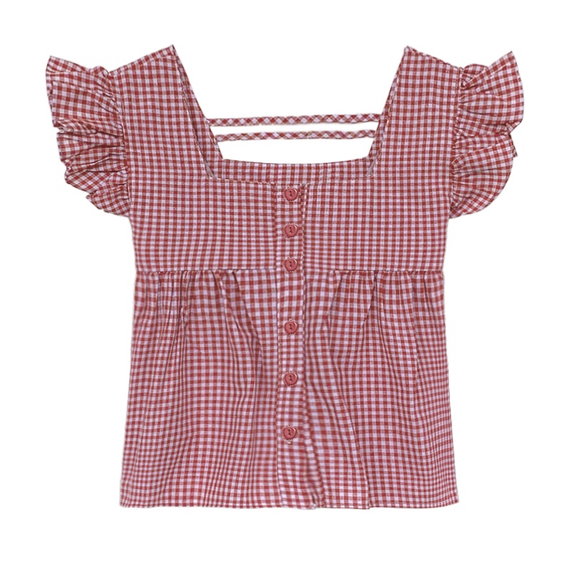 Áo Sơ Mi Croptop Cổ Vuông Họa Tiết Sọc Caro Phong Cách Pháp Thời Trang Mùa Hè Cho Nữ