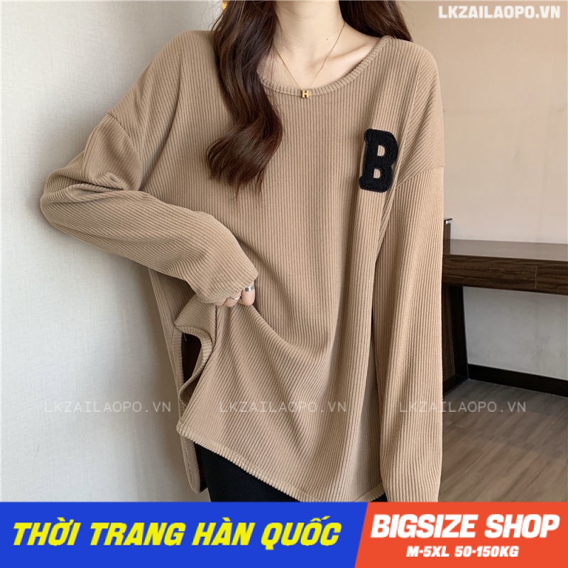 Áo thun nữ tay dài Bigsize Áo kiểu form rộng cổ tròn xẻ tà mùa xuân Phong cách Hàn Quốc Thời Trang đẹp