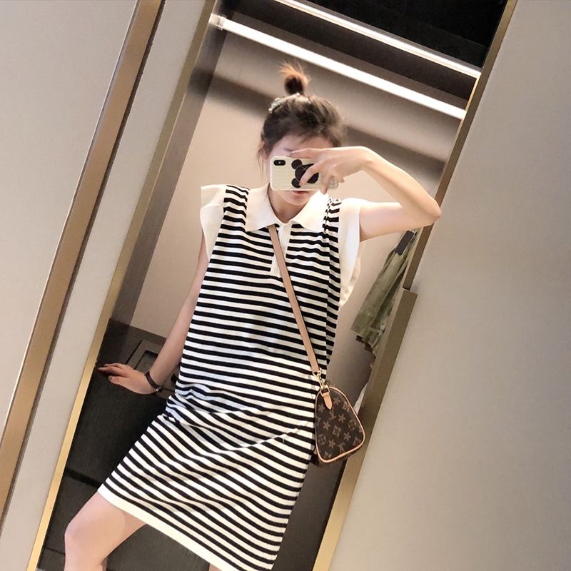 Đầm Dệt Kim Lụa Lạnh Cổ polo Dáng Rộng Kẻ Sọc Trắng Đen Kiểu Hàn Quốc Xinh Xắn Cho Nữ