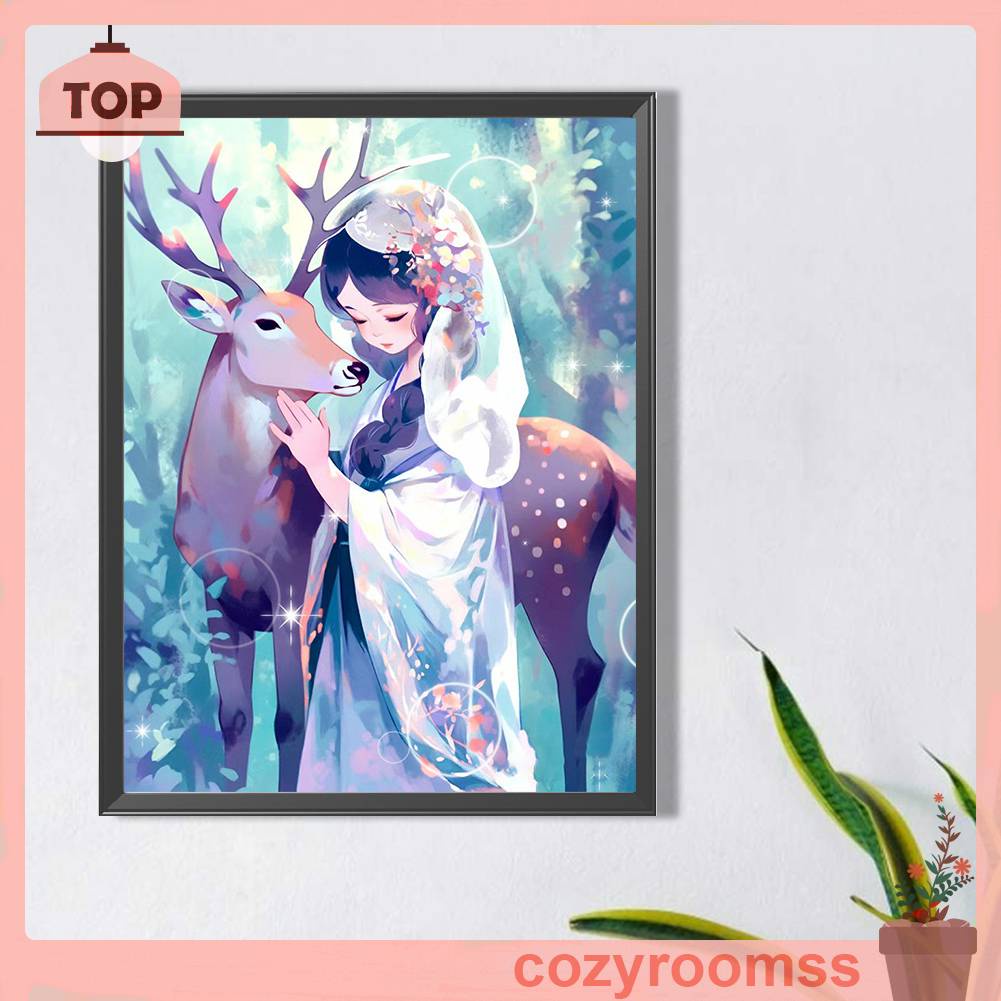 Tranh Đính Đá Kim Cương Toàn Bộ 5D DIY Hình Vẽ Cô Gái Hươu