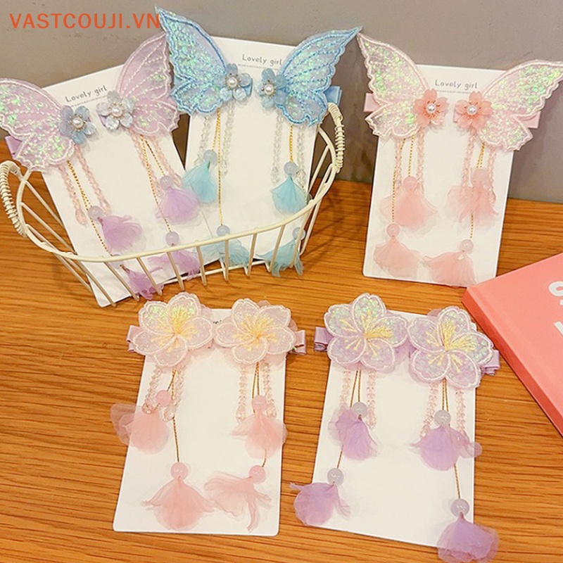 1 Cặp Kẹp Tóc Tua Rua Thêu Hoa Bướm Handmade Thời Trang Cho Nữ