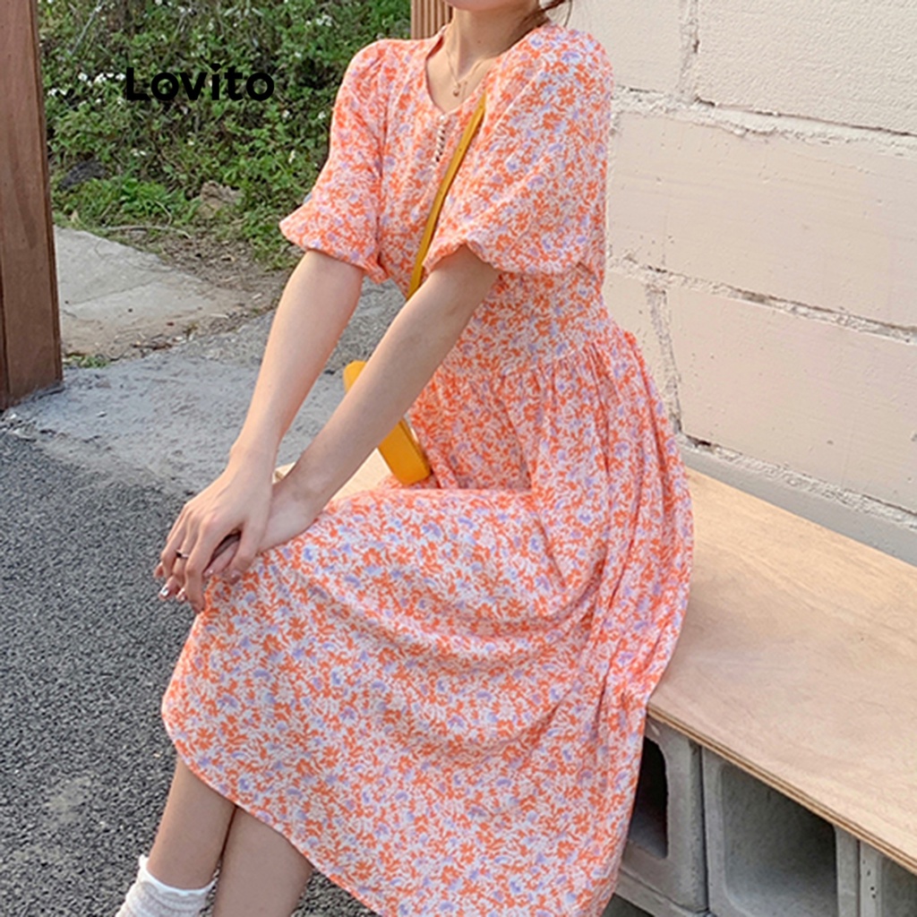 Lovito Đầm tay phồng xếp nếp họa tiết hoa phong cách Boho cho Nữ LNE09228 (Nhiều Màu)