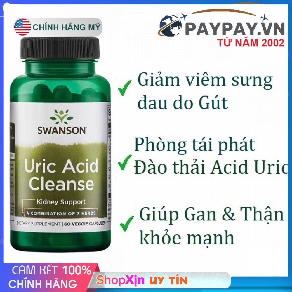 Viên uống hỗ trợ đào thải Gút Swanson Uric Acid Cleanse tăng cường chức năng Gan và Thận của Mỹ