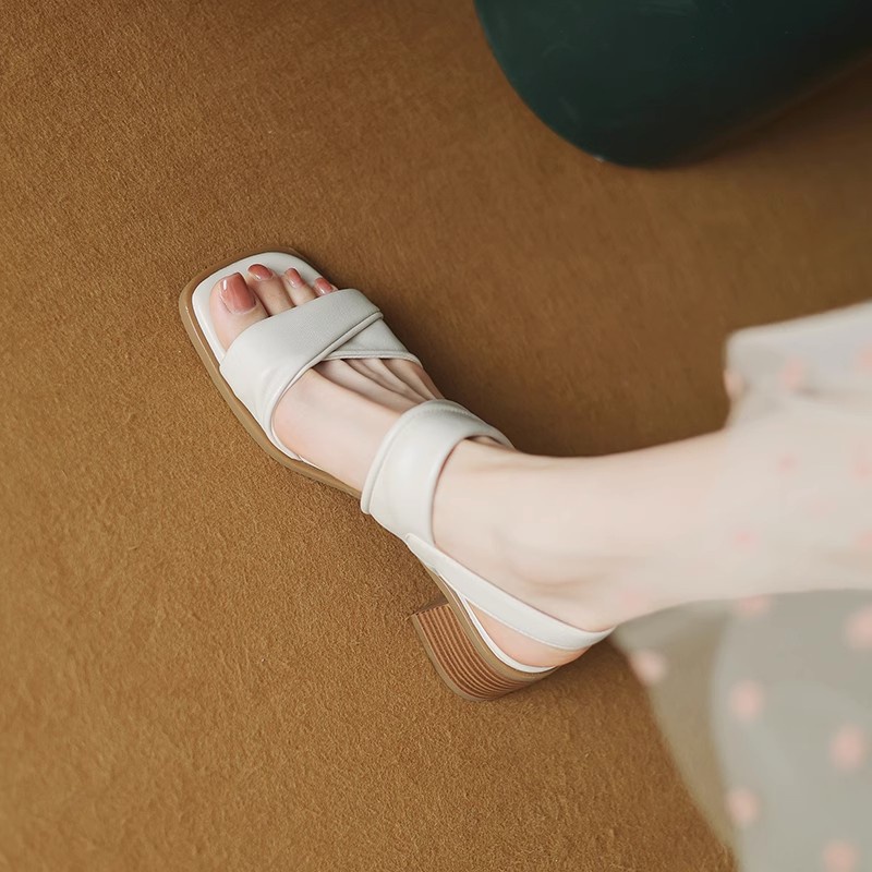 Duoya Tóc Thẳng ~ [Hàng Có Sẵn] Sandal Cao Gót Hở Ngón Mũi Vuông Bằng Da Thật Mềm Mại Thoải Mái Thời Trang Mùa Hè Đơn Giản Cho Nữ Miễn Phí Vậ