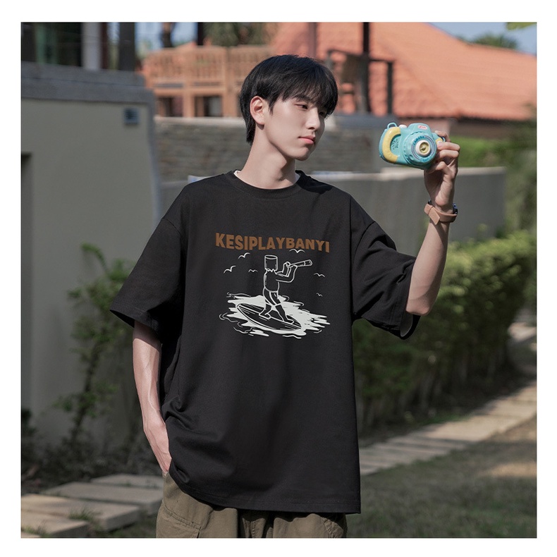 Áo Thun Cotton Ngắn Tay Dáng Rộng In Họa Tiết Phong Cách Retro Mỹ