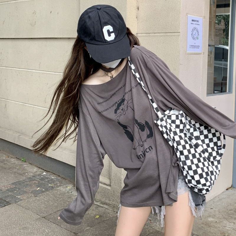 Áo Thun Tay Dài Dáng Rộng Trễ Vai In Họa Tiết Thời Trang Mùa Hè Mới Trẻ Trung Cho Nữ