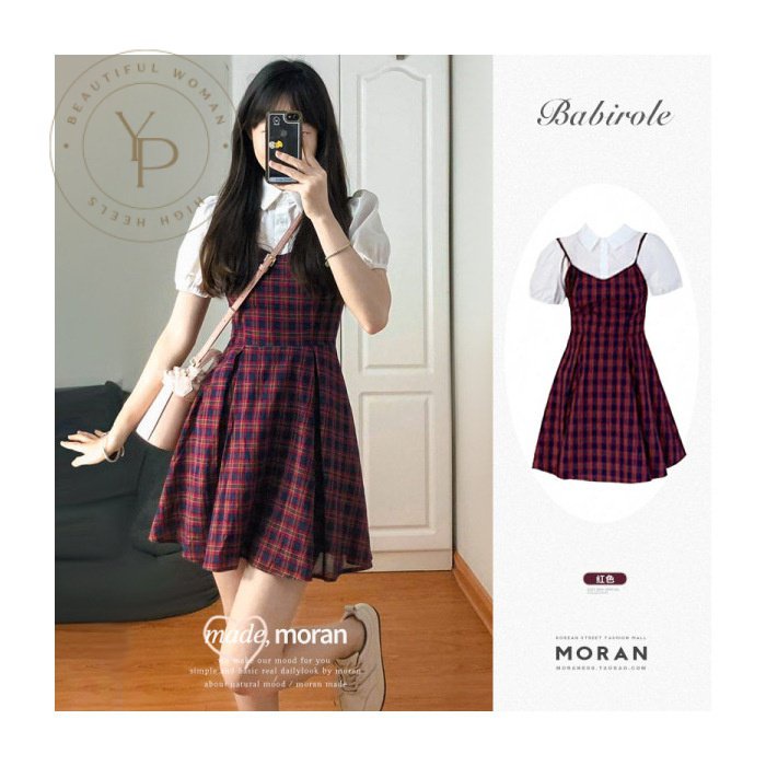 Đầm Tay Phồng Giả Hai Lớp Họa Tiết Sọc Caro Thời Trang Mùa Hè Cho Nữ