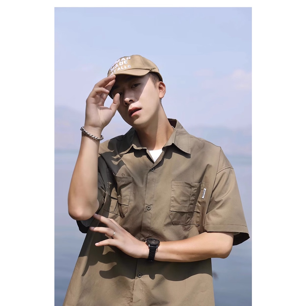 Áo Sơ Mi Tay Ngắn Màu Trơn Đơn Giản Phong Cách Đường Phố Mỹ Nhật Bản Thời Trang Mùa Hè Mới Cho Nam