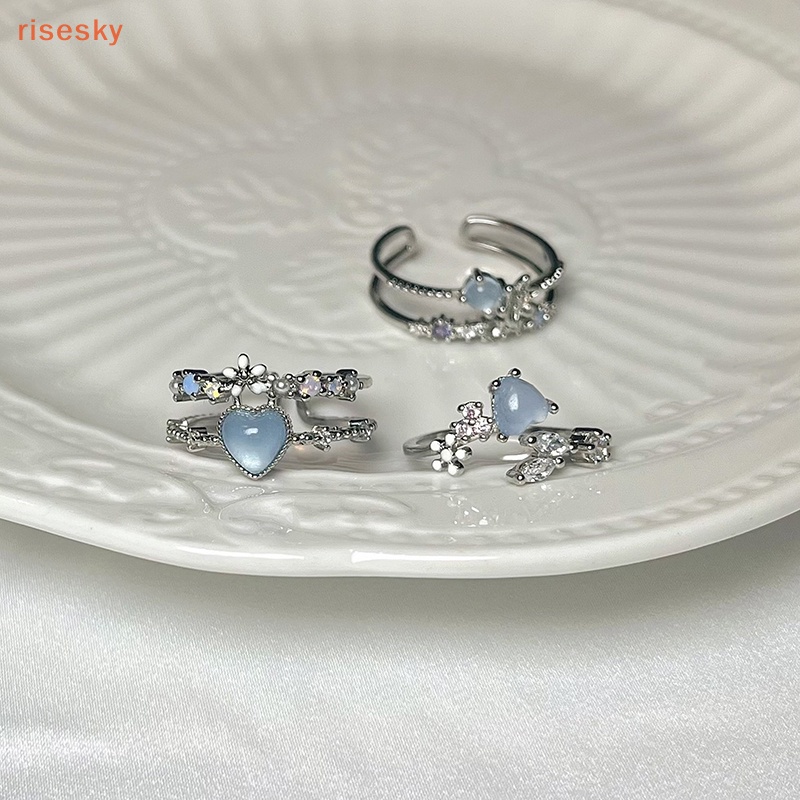 [risesky] Nhẫn Hở Hình Trái Tim Đính Đá Zircon Màu Xanh Navy / Ánh Trăng / Ánh Trăng Có Thể Điều Chỉnh Quà Tặ