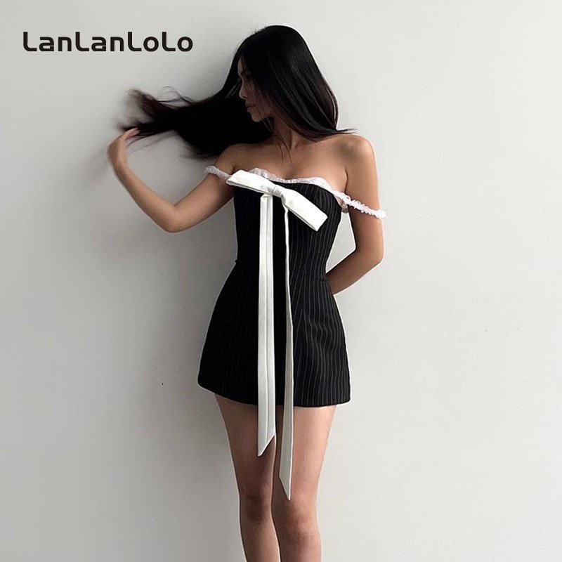 Đầm Trễ Vai Phối Ren Màu Trơn Đính Nơ Ngọt Ngào Thời Trang 2023 Cho Nữ