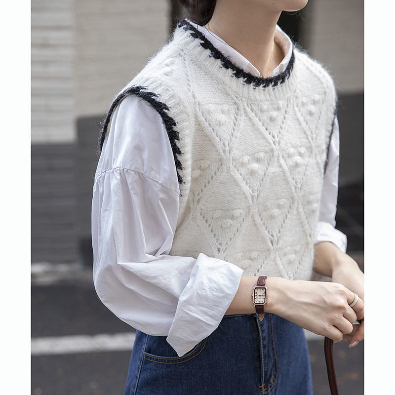 Bộ Áo Dệt Kim Sát Nách Màu Sắc Tương Phản Cổ Điển + Áo Sơ Mi Dáng Rộng Cá Tính