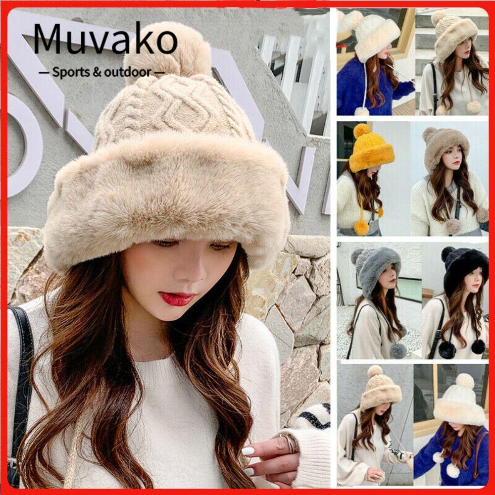 MUVAKO Mũ Trùm Đầu Dệt Kim Phối Lông Thú Chống Lạnh