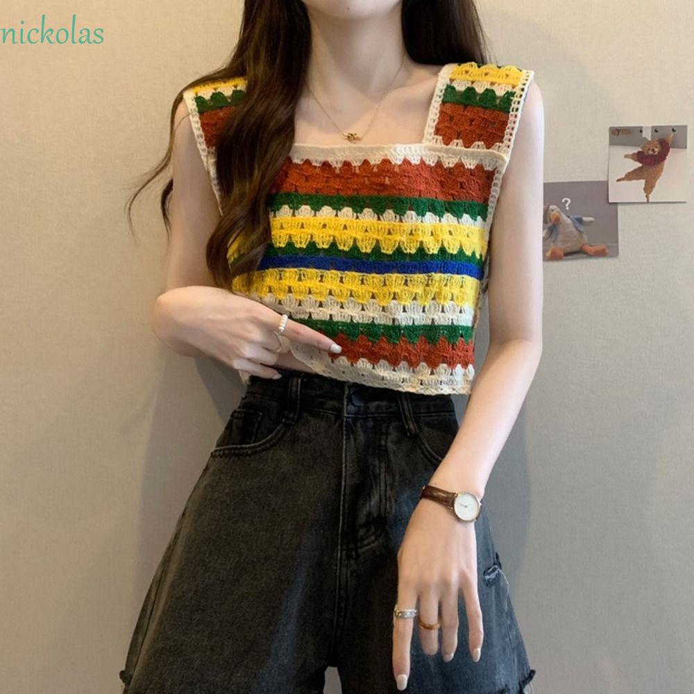 NICKOLAS Áo Dệt Kim Hai Dây Cổ Vuông Họa Tiết Kẻ Sọc Nhiều Màu Sắc Phong Cách Cổ Điển Thời Trang Đi Biển Xinh Xắn