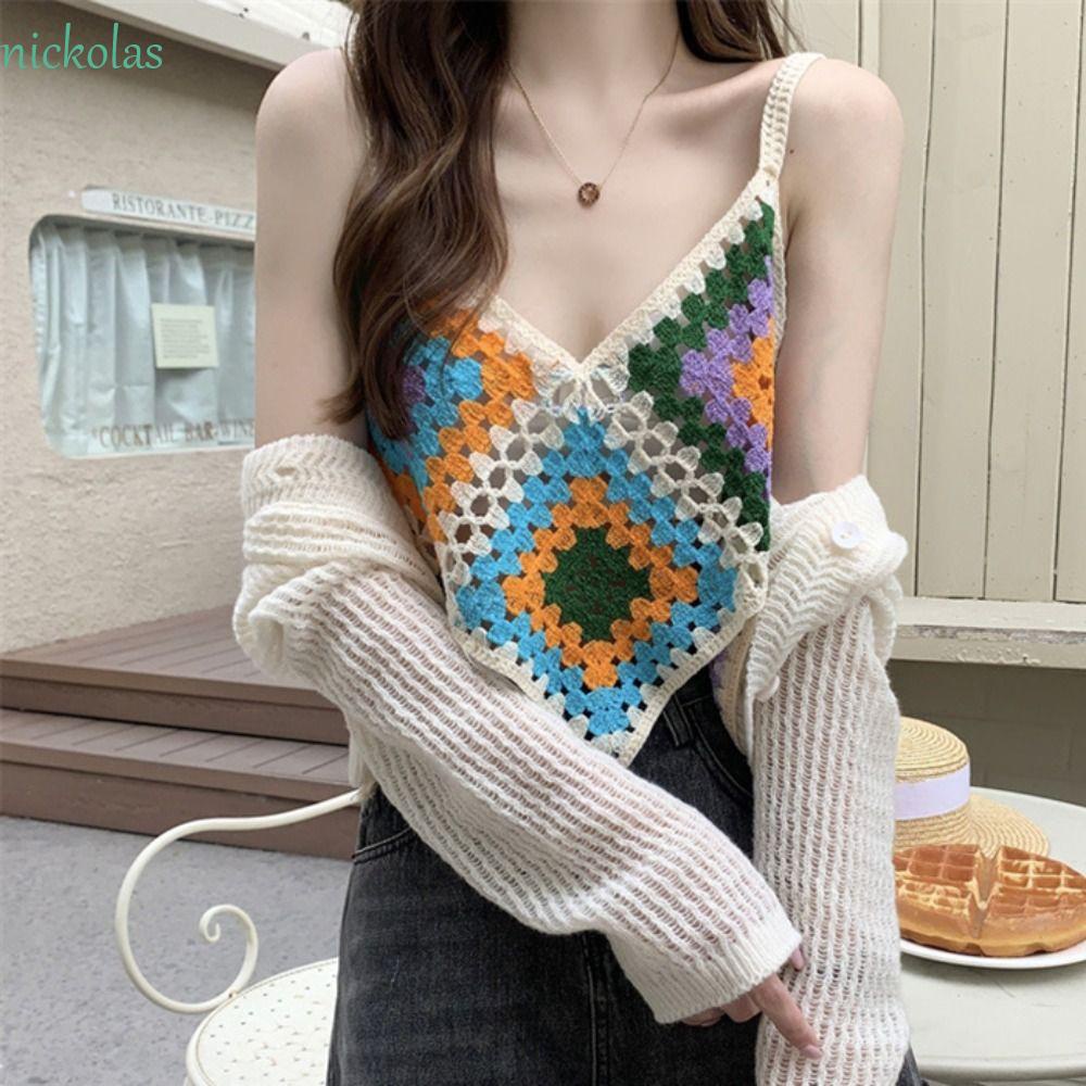NICKOLAS Áo Croptop Dệt Kim Hai Dây Thêu Hoa Phong Cách Bohemian Thời Trang Mùa Hè Đơn Giản