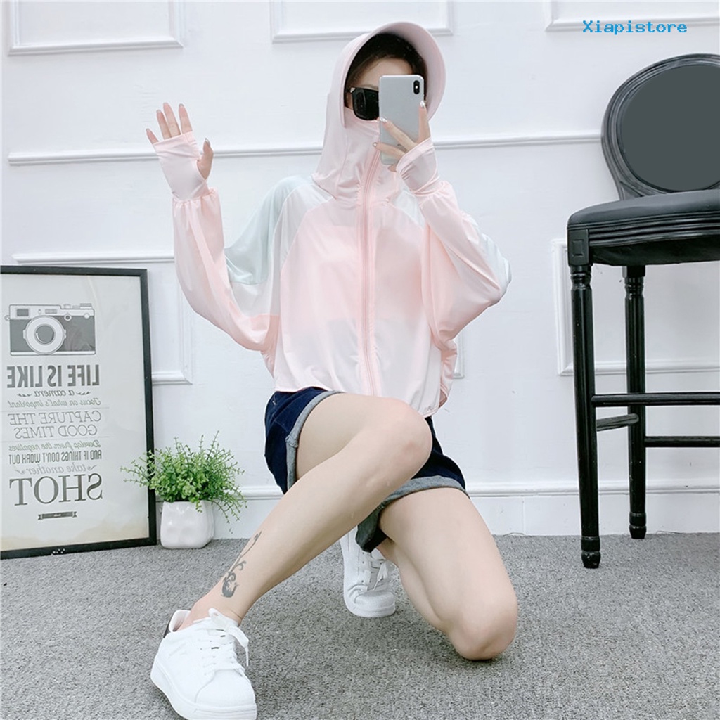 [XI] Áo Khoác Chống Nắng Tay Dài Cổ Đứng Chắp Vá Lỗ Bằng Lụa Lạnh Siêu Mỏng Có Mũ Rộng Vành Cho Nữ