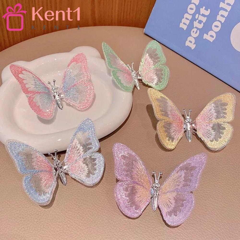KENT1 Kẹp Tóc Hai Lớp Thêu Hình Bướm Nhiều Màu Sắc Dễ Thương