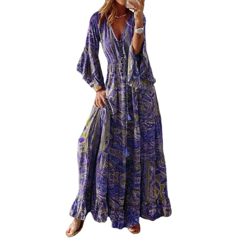 Đầm Dài Maxi Cổ Chữ V Tay Loe In Họa Tiết Hoa Thời Trang Mùa Hè Xinh Xắn Cho Nữ