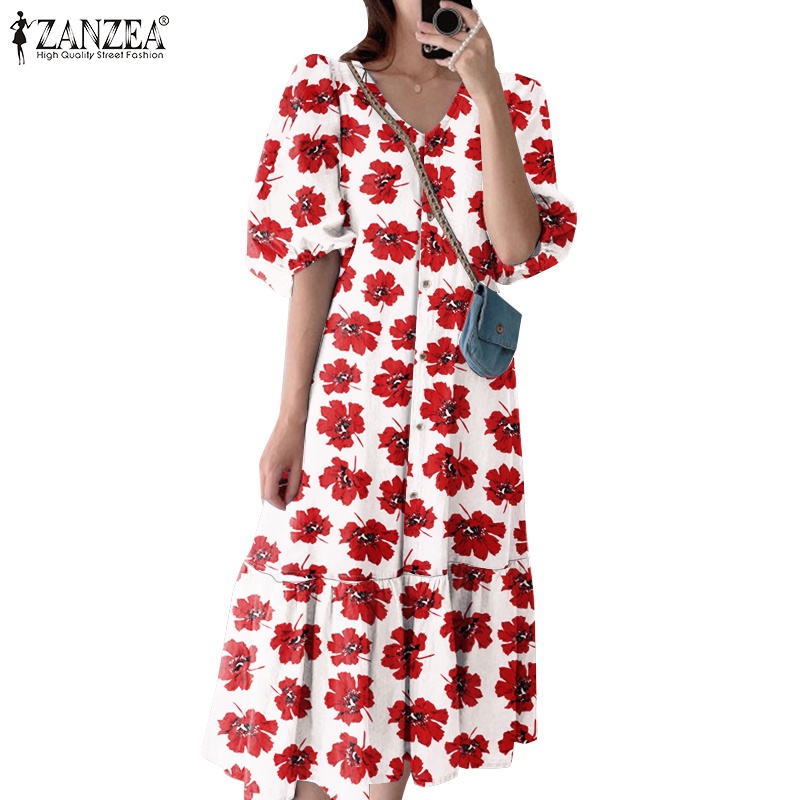 ZANZEA Đầm Tay Phồng Cổ Chữ V In Họa Tiết Hoa Phong Cách Hàn Quốc Thời Trang Cho Nữ