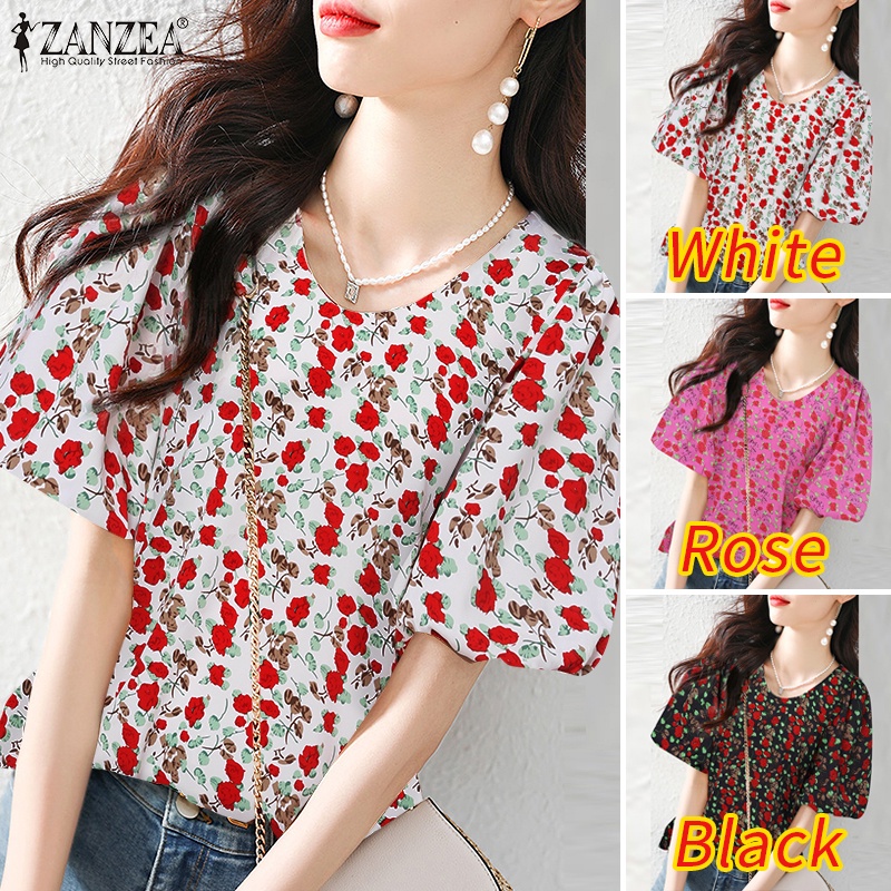 ZANZEA Áo Kiểu Tay Phồng Cổ Tròn In Họa Tiết Hoa Thời Trang Hàn Quốc Cho Nữ