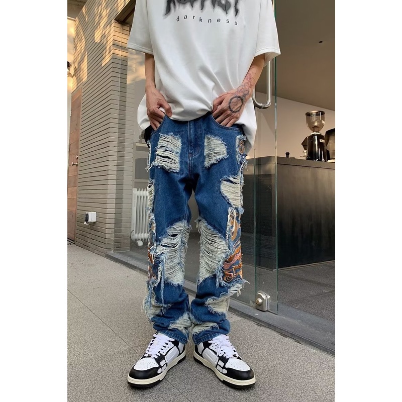 Quần Jean Rách Thêu Họa Tiết Đường Phố Retro Đường Phố Mỹ Cao Cấp Cho Nam Nữ @