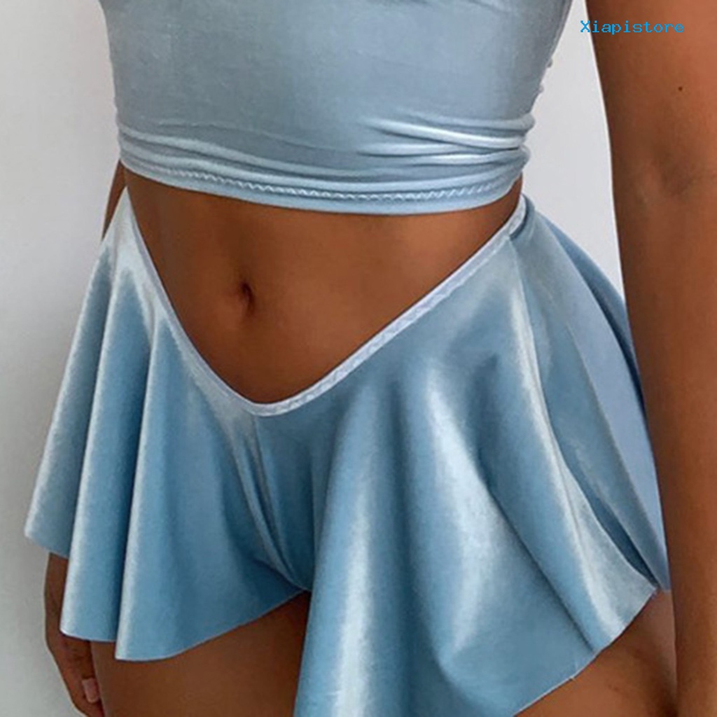 [XI] Quần Short Lưng Thấp Dáng Rộng Viền Bèo Nhún Màu Trơn Cho Nữ