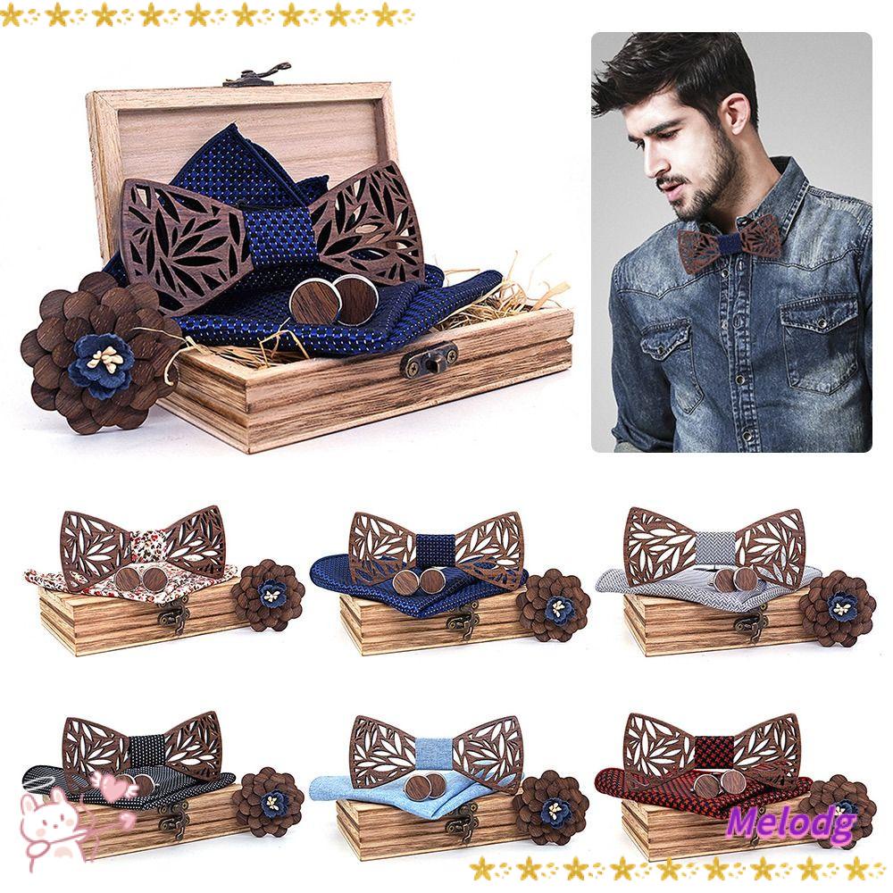 MELODG Bộ Cà Vạt Nơ Và Khăn Tay Bằng Gỗ Dùng Hóa Trang Tiệc Cưới Cho Chú Rể