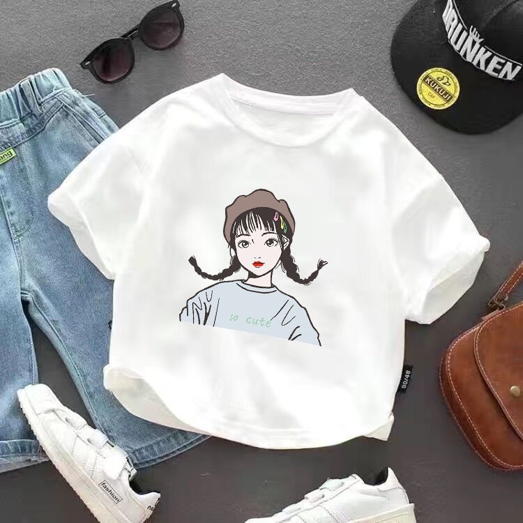 Áo Thun Cotton Ngắn Tay Màu Trơn In Họa Tiết Hoạt Hình Cho Bé Gái