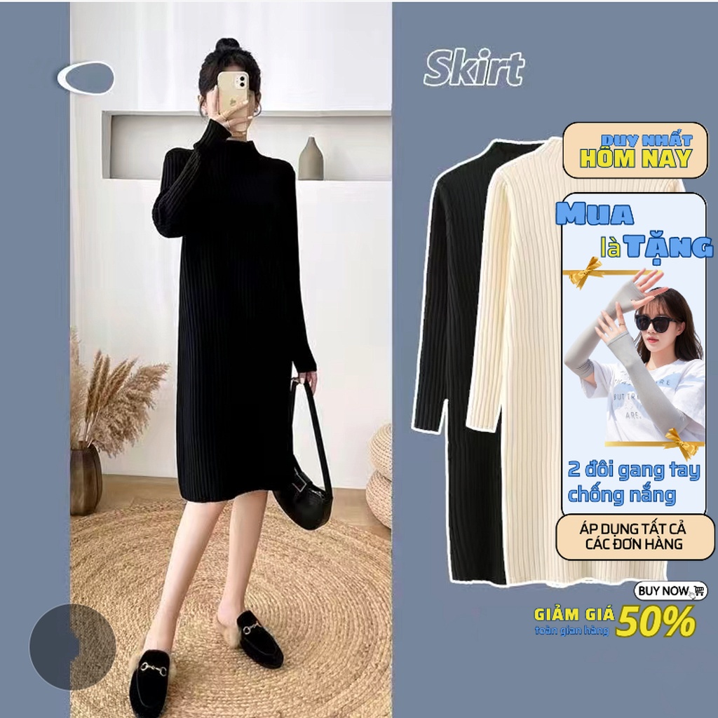 Váy Len Dáng Suông GOMTREND Dài Tay Cao Cổ Lọ - Đầm Len Tăm Dài Chất Len Dày Dặn Hàng Quảng Châu loại 1