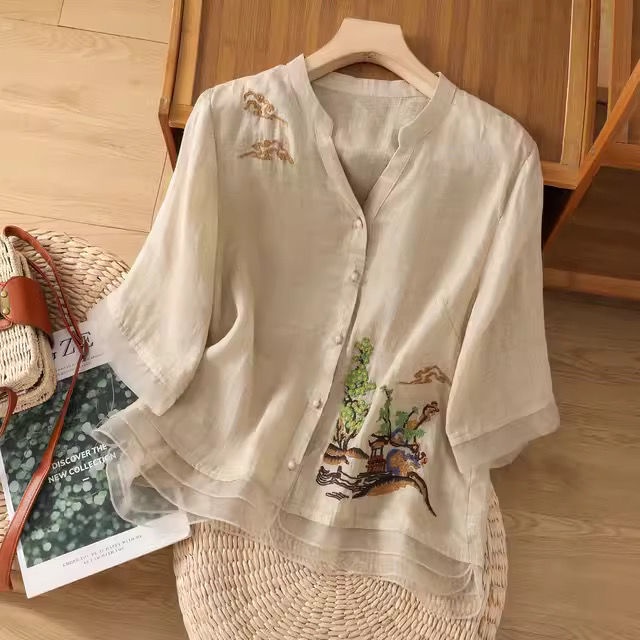 Áo Sơ Mi Cotton Lanh Cao Cấp Cổ Chữ V Thêu Họa Tiết Thời Trang Xuân Hè Cho Nữ
