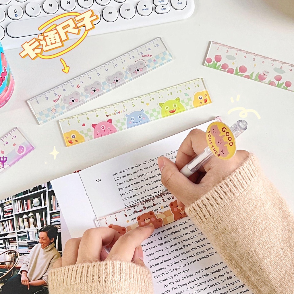 Thước kẻ mica trong suốt TK02 KAMI in hình dễ thương 15cm, thước nhựa học sinh sinh viên
