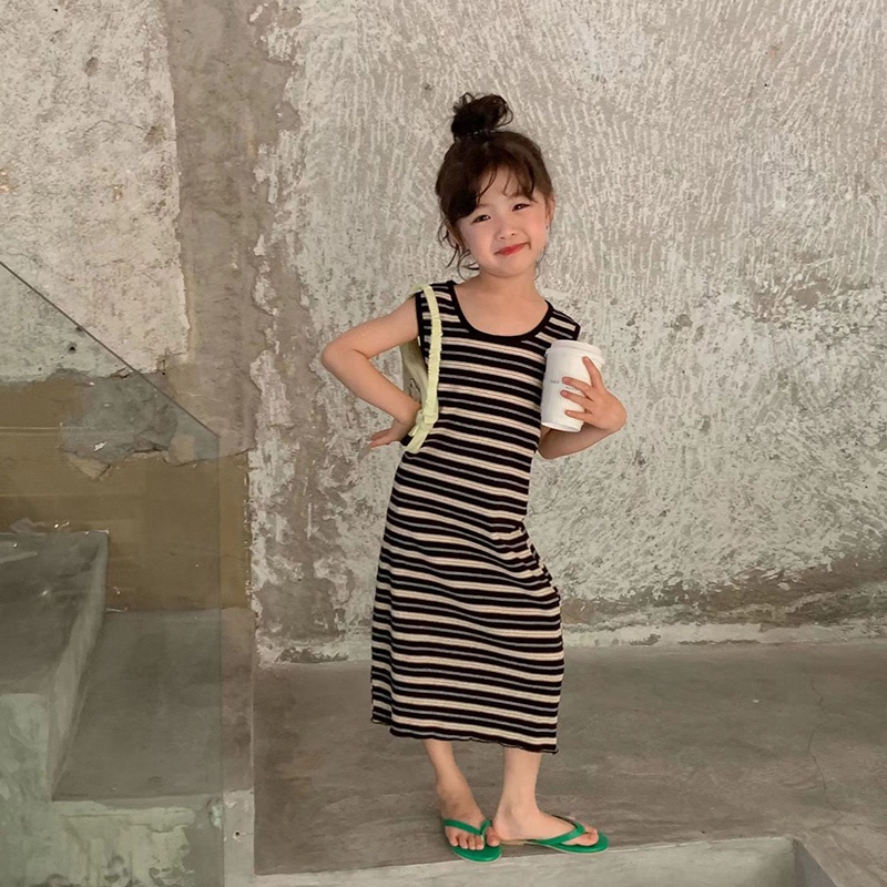 Annie Đầm Dài Sát Nách Kẻ Sọc Phong Cách vintage Hàn Quốc Cho Bé Gái