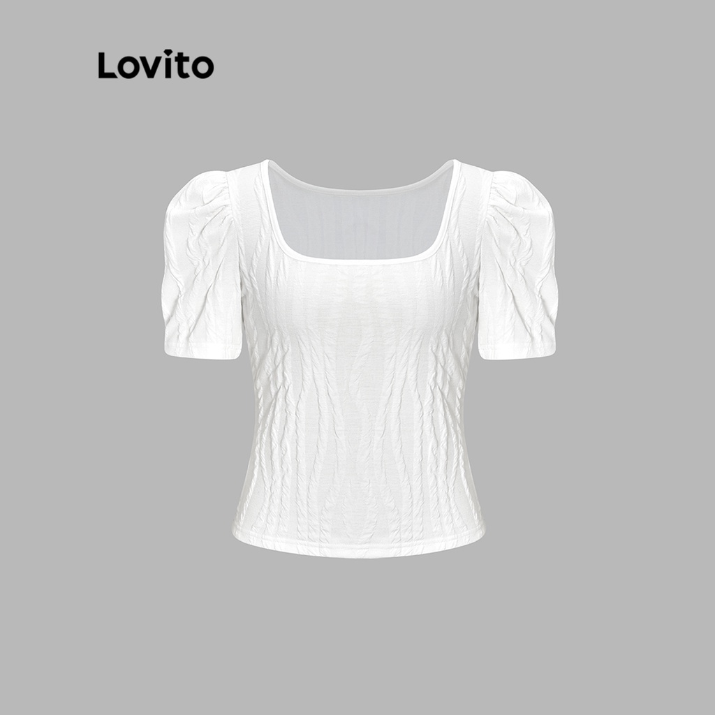 Lovito Áo thun trơn cổ vuông tay trơn thanh lịch cho nữ L56ED055 (Trắng)