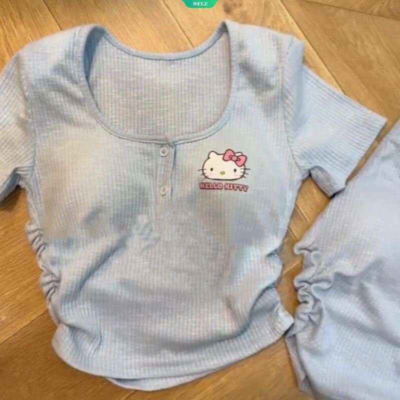 SANRIO Áo Thun Crop Top Ôm Ngực Ngắn Tay In Hình Hello Kitty Thời Trang Mùa Hè Cho Nữ