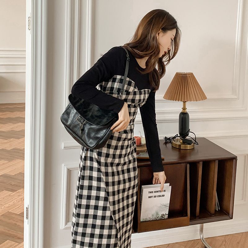 Đầm Dài Tay Phối Họa Tiết Caro Phong Cách Pháp Thời Trang Cao Cấp Cho Nữ