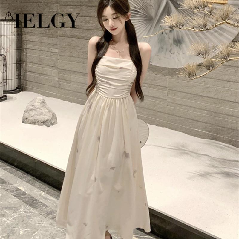 Ielgy Đầm Dài In Họa Tiết Trà Kiểu Pháp Cổ Điển Thanh Lịch Cho Nữ