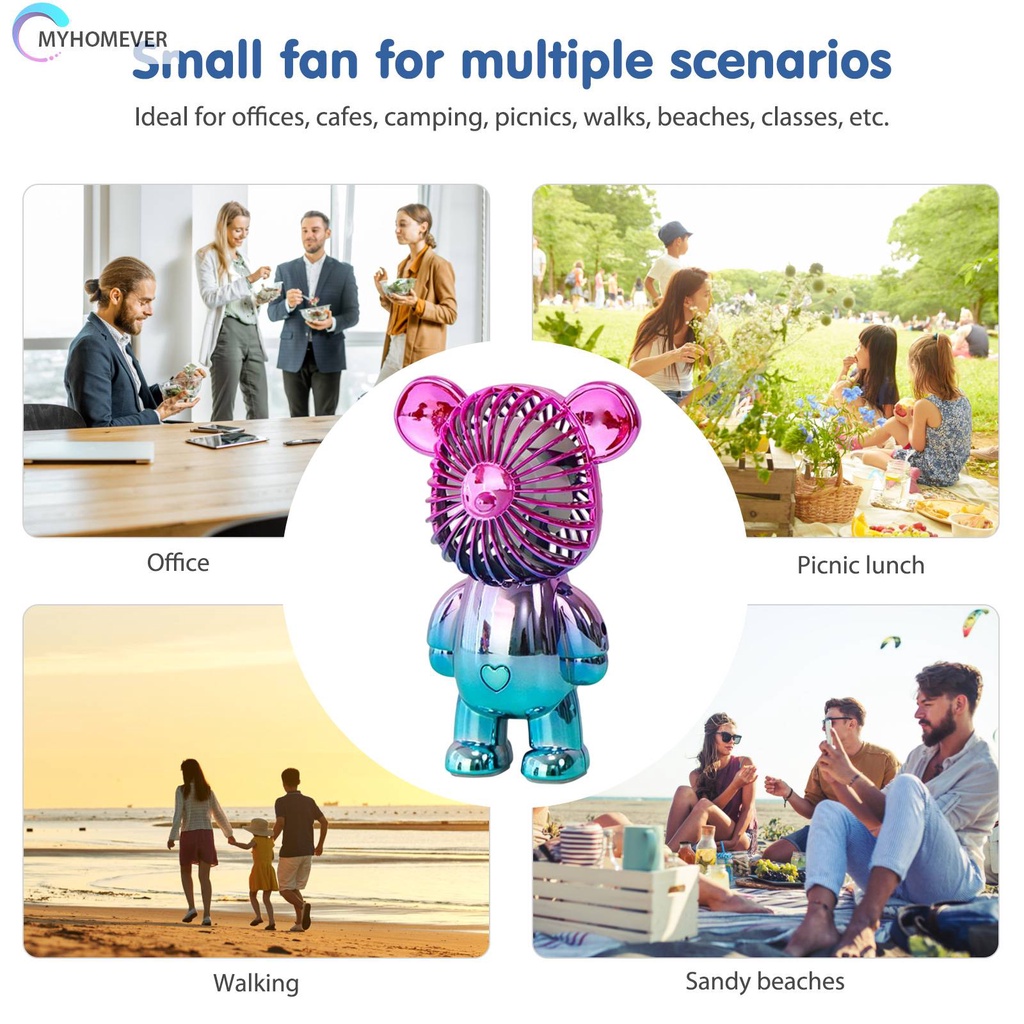 Quạt Mini Để Bàn Làm Mát Cầm Tay 3 Tốc Độ Hình Gấu Graffiti Mạ Điện