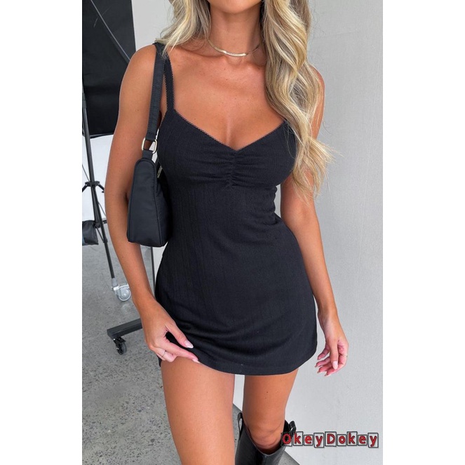 Đầm Mini Hai Dây Spaghetti Cổ Chữ V Màu Trơn Cho Nữ