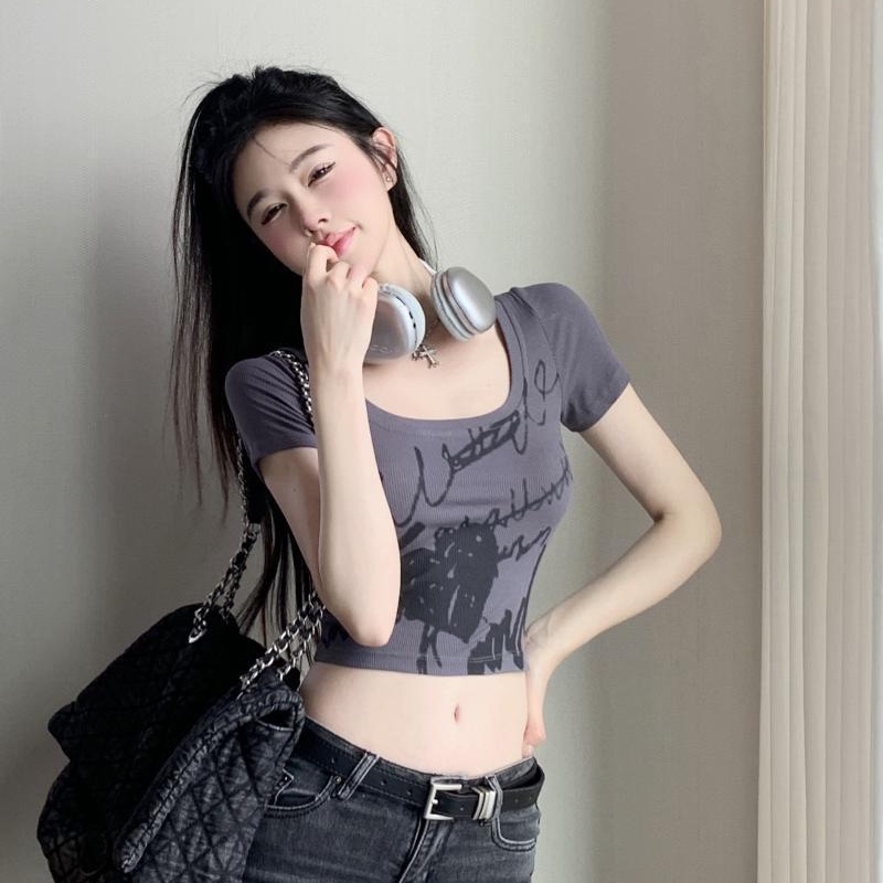 COZOK Áo Thun Crop Top Tay Ngắn Cổ Chữ U Dễ Phối Đồ Hợp Thời Trang