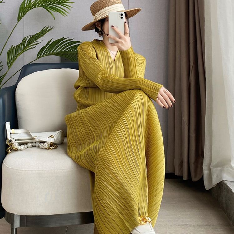Đầm Tay Dài Cổ Chữ v Xếp Ly Ôm Dáng Thời Trang Mùa Xuân 2023 Cho Nữ miyake